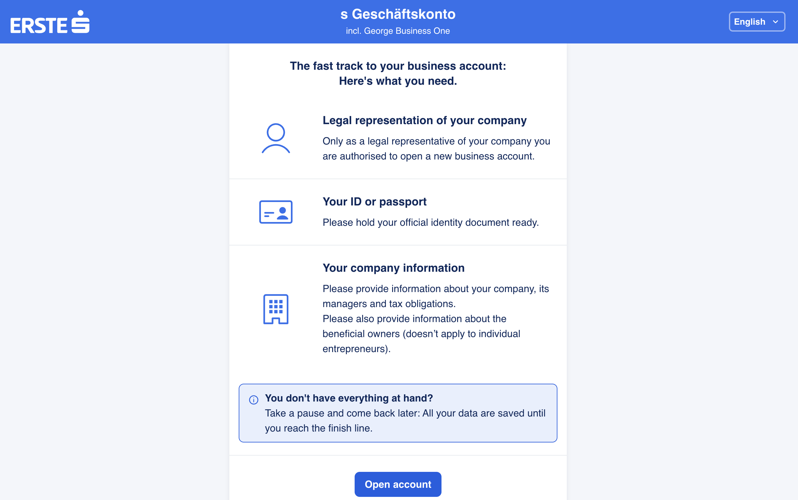Product overview, digital onboarding start screen